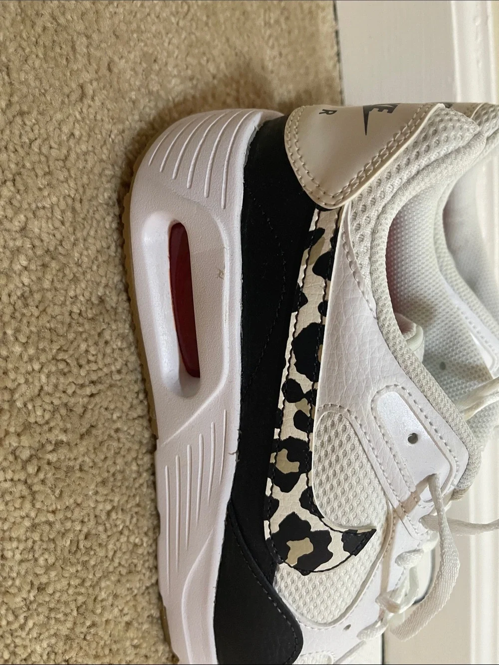 Nike Women's White Sneakers with Black and Leopard Swoosh Size 10